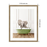 Illustration of a baby elephant sitting in a green clawfoot bathtub filled with bubbles, against a white paneled wall and wood floor background.