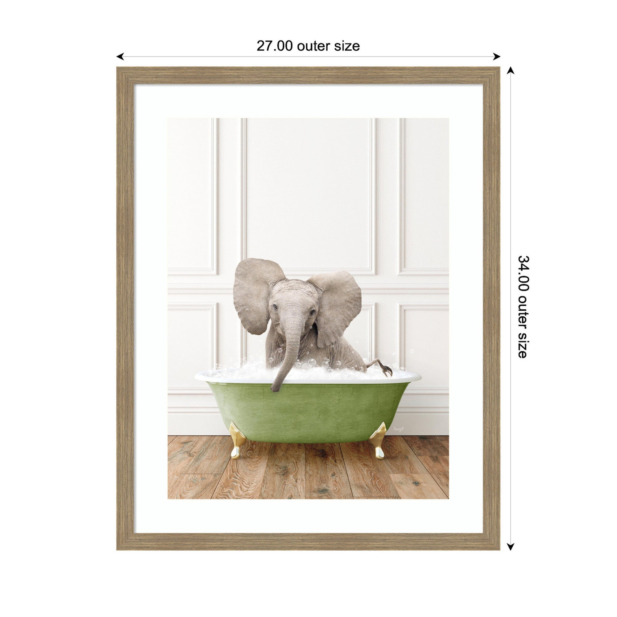 Baby Elephant in Transitional Bathtub by Amy Peterson Framed Wall Art Print