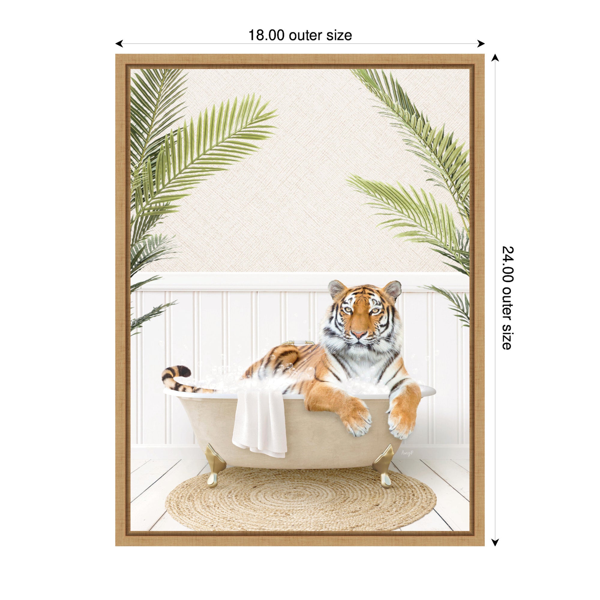 Sylvie Tiger in Palm Bath Framed Canvas by Amy Peterson