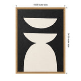 Minimalist geometric abstract art with three off-white shapes on a deep black background within a light wooden frame, sized 18 by 24 inches.