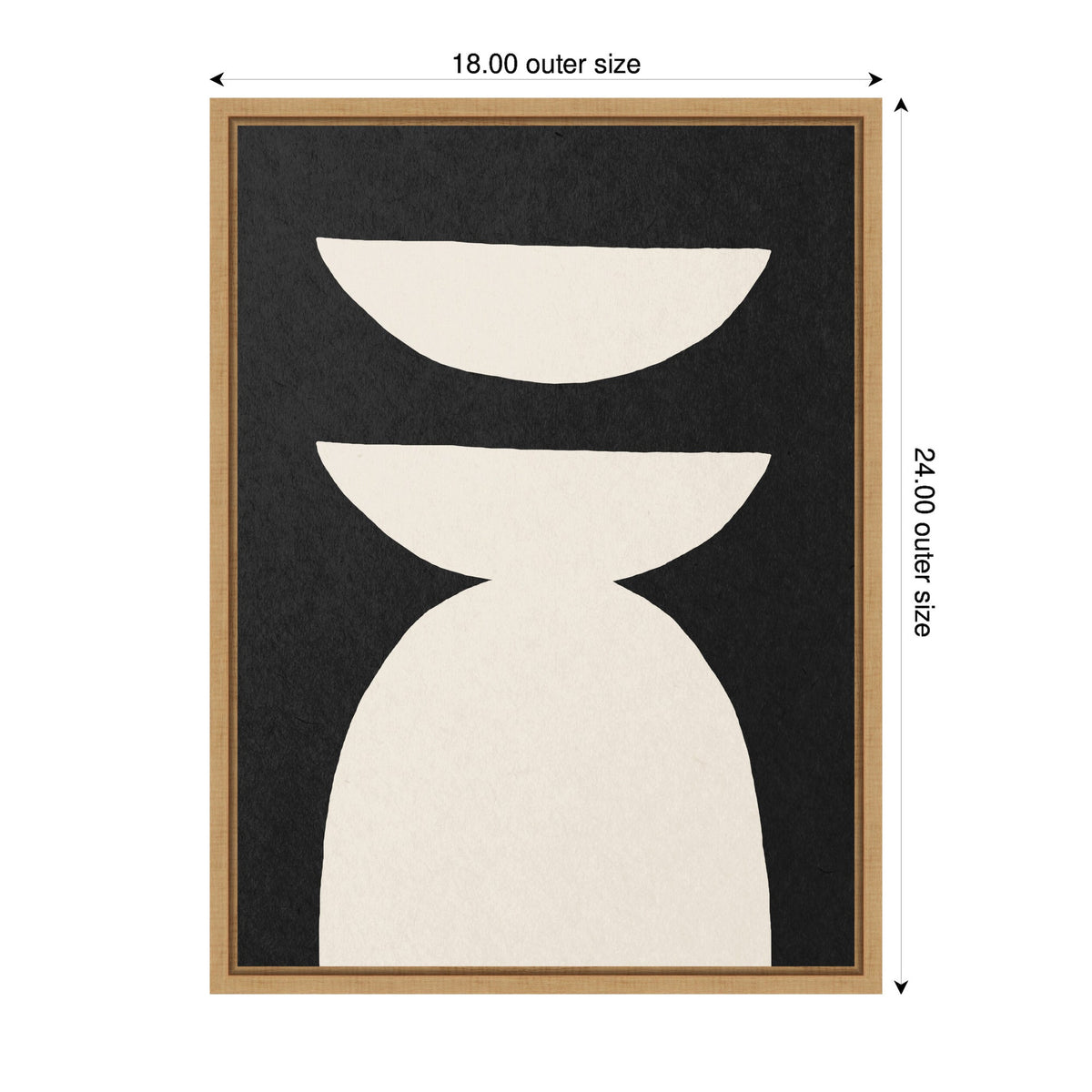 Minimalist geometric abstract art with three off-white shapes on a deep black background within a light wooden frame, sized 18 by 24 inches.