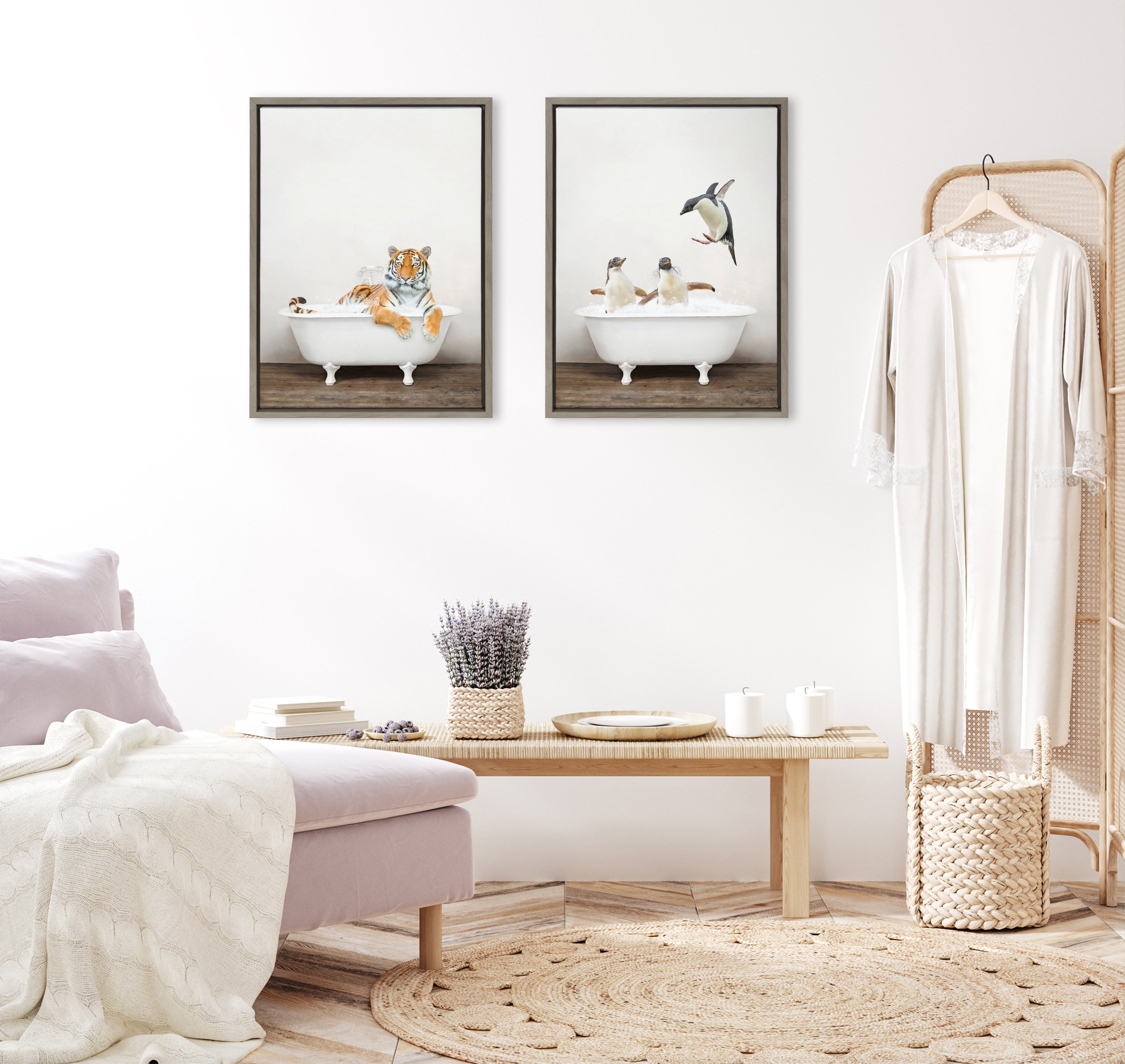Sylvie Penguins Playing in Rustic Bath Framed Canvas