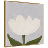 Minimalist white tulip with broad petals and two green leaves on a muted gray background, framed in light wood.