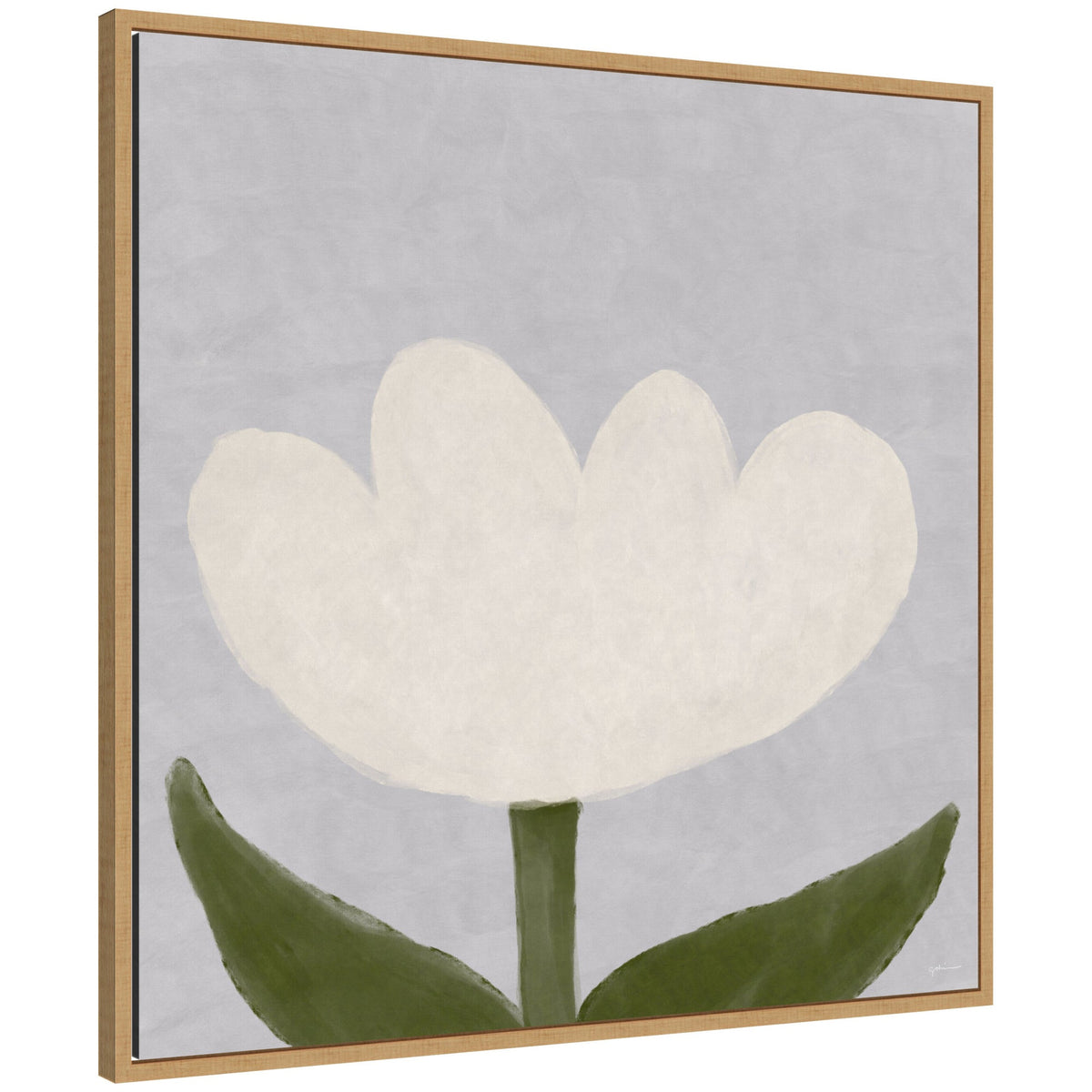 Minimalist white tulip with broad petals and two green leaves on a muted gray background, framed in light wood.