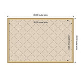 Top view of cream-colored pinboard with a tan wooden frame and a green lattice pattern made of dashed lines and dots, showing inner and outer dimensions.