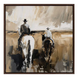 Abstract painting of two cowboys riding horses away through a neutral-toned landscape with loose, expressive brushstrokes and a muted beige and brown palette.