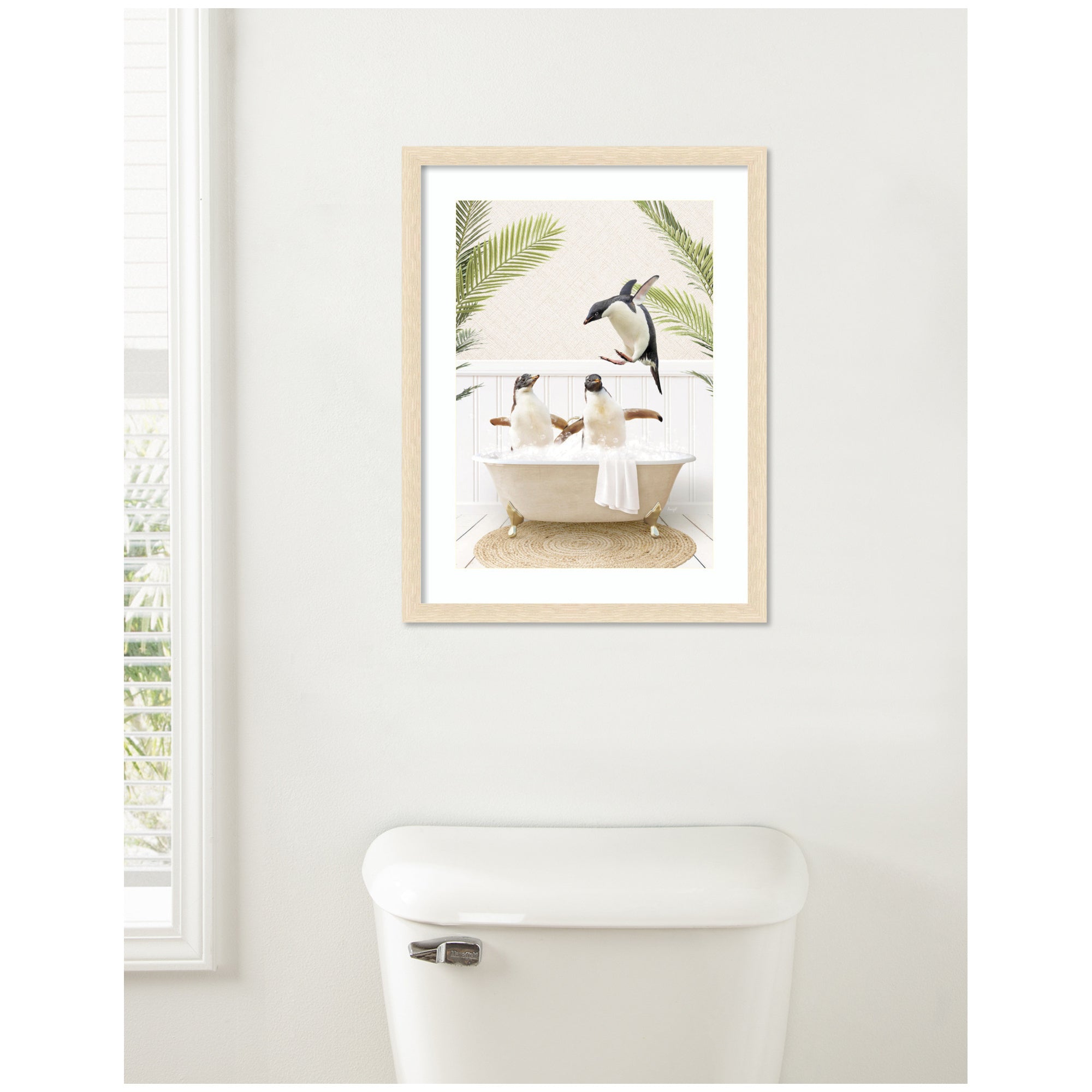 Penguins in Palms Bath by Amy Peterson Framed Wall Art Print