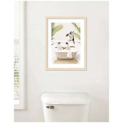 Penguins in Palms Bath by Amy Peterson Framed Wall Art Print