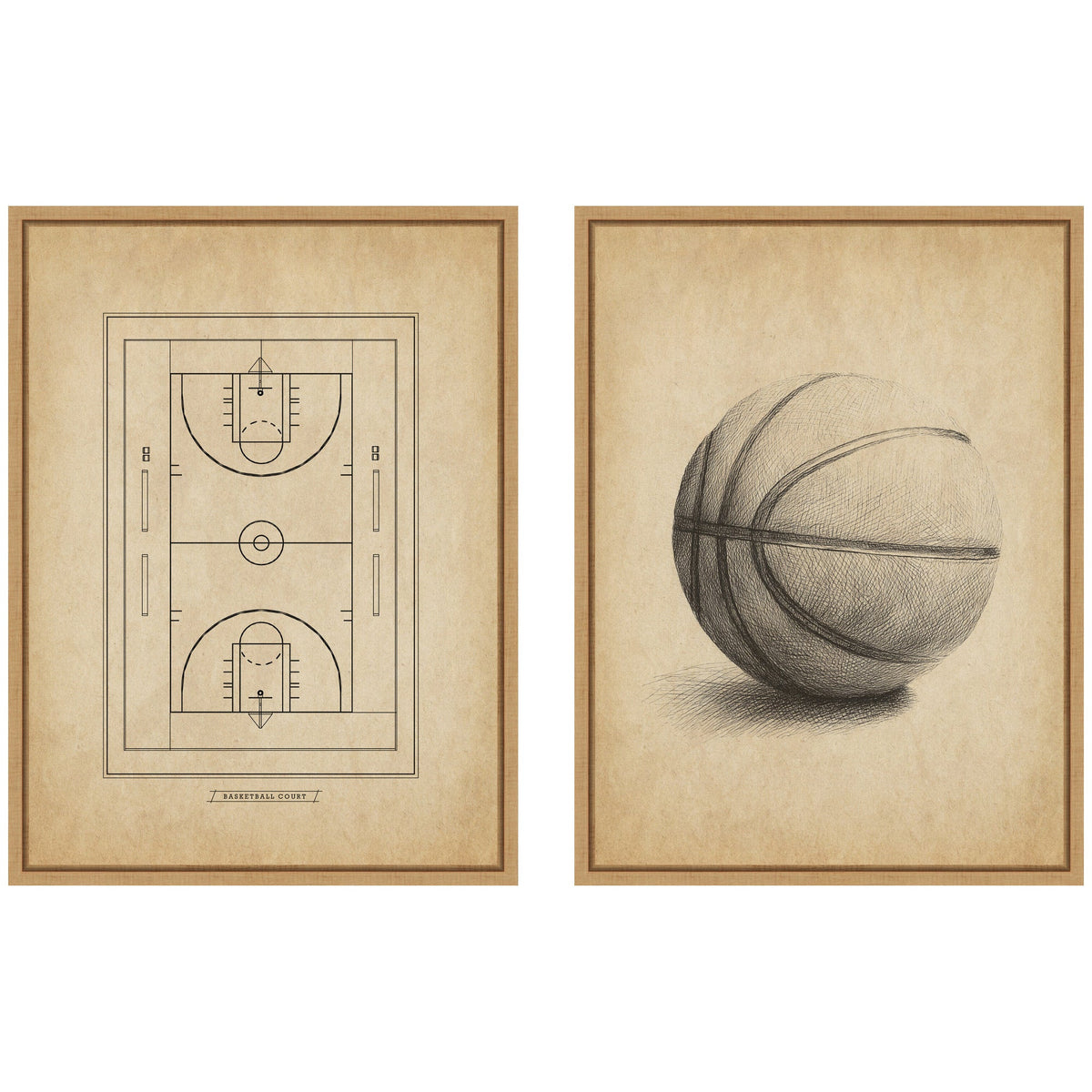 Two framed vintage-style canvas prints, one showing a detailed basketball court diagram, the other a shaded pencil sketch of a basketball on beige textured backgrounds.