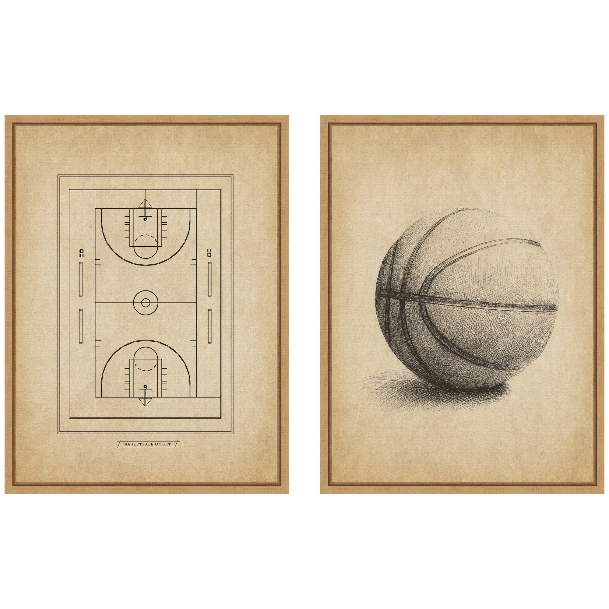 Vintage Basketball 2 Piece Framed Canvas Wall Art Set by The Creative Bunch Studio