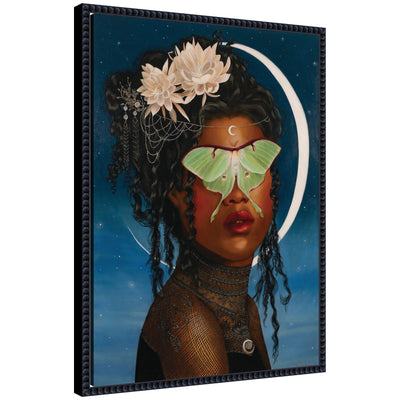 Luna Ascending framed canvas wall art featuring whimsical moon and nature design in detailed black frame
