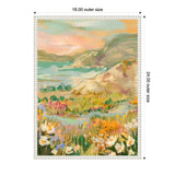 Framed canvas painting of a coastal landscape with soft pastel sky, rocky hills, and wildflowers in pink, orange, and white in the foreground, measuring 18 by 24 inches.