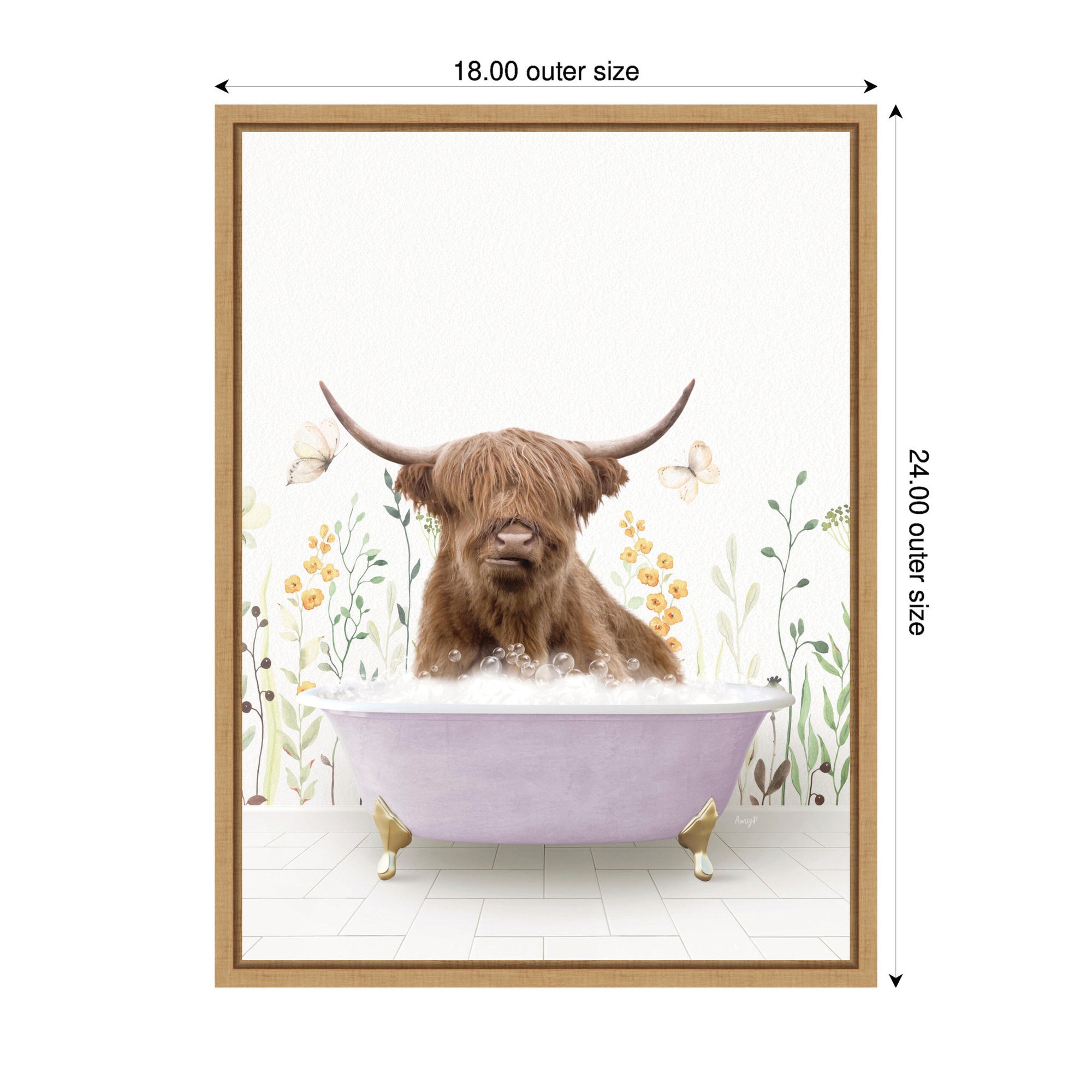 Sylvie Highland Cow in Spring Bathtub Framed Canvas