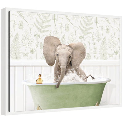 Framed canvas print titled 'Sylvie Baby Elephant No3 in Fern Bath' depicting a baby elephant among green ferns
