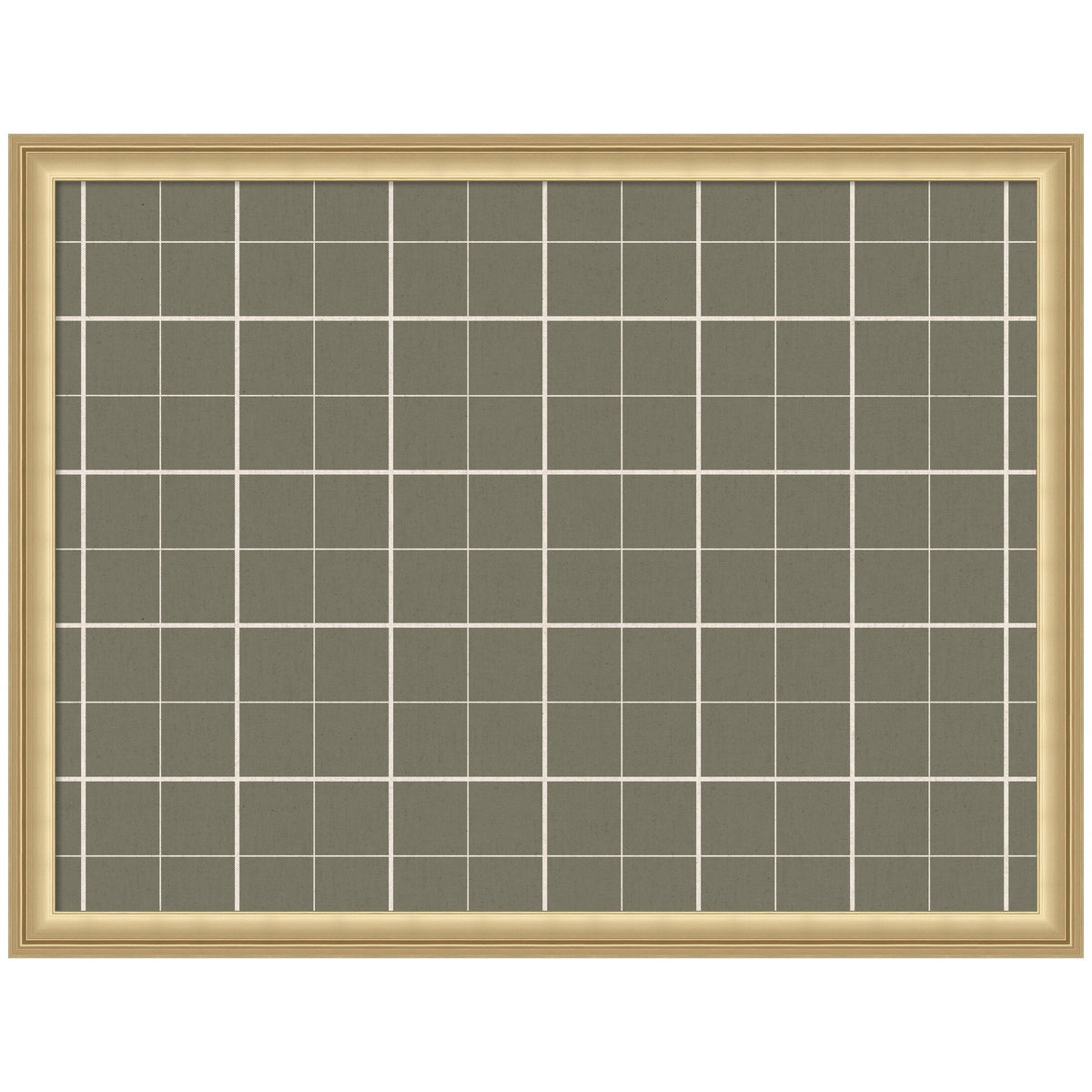 Rectangular pinboard with a beige wooden frame, featuring a sage green fabric surface patterned with a white grid plaid design.