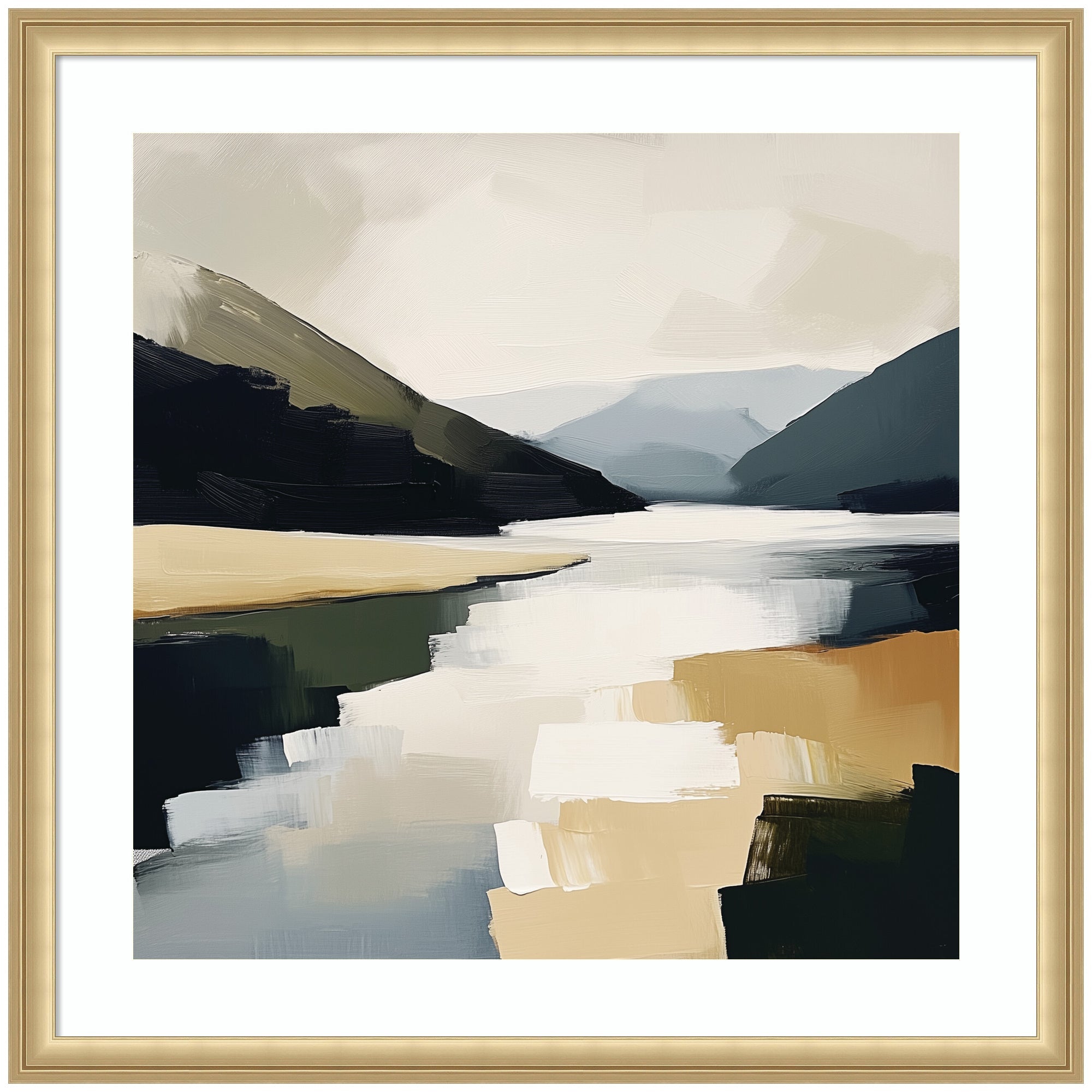 Framed abstract landscape art depicting a mountain lake by The Creative Bunch Studio