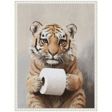 Painted portrait of a tiger cub holding a white toilet paper roll with a neutral gray background, framed by a white beaded decorative frame.