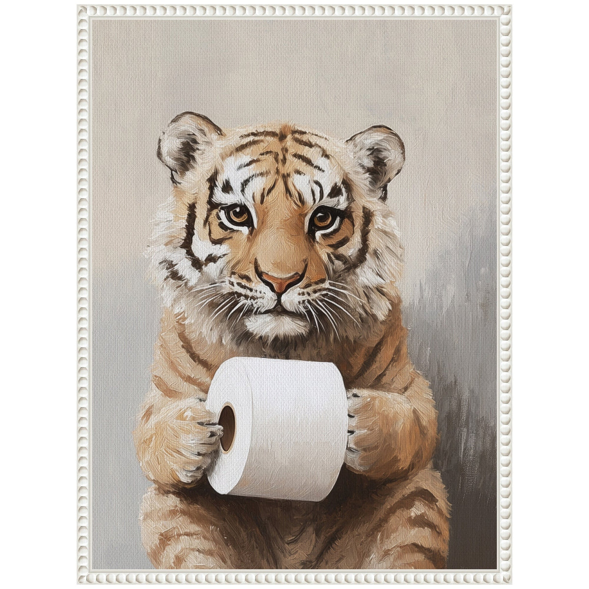 Painted portrait of a tiger cub holding a white toilet paper roll with a neutral gray background, framed by a white beaded decorative frame.
