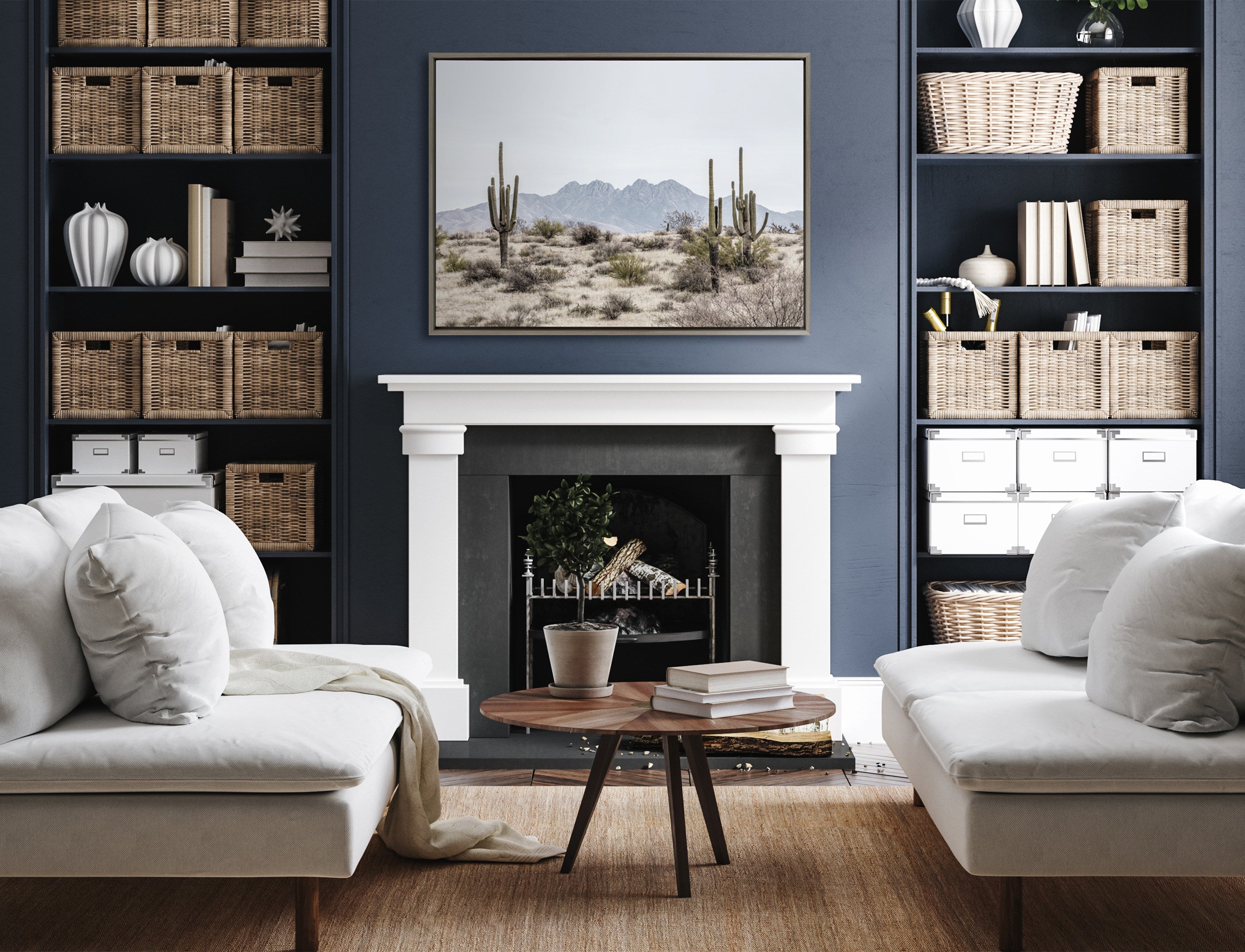 Sylvie Tall Saguaro Cacti Desert Mountain Framed Canvas by kateandlaurel - product image 18 for Resin Society