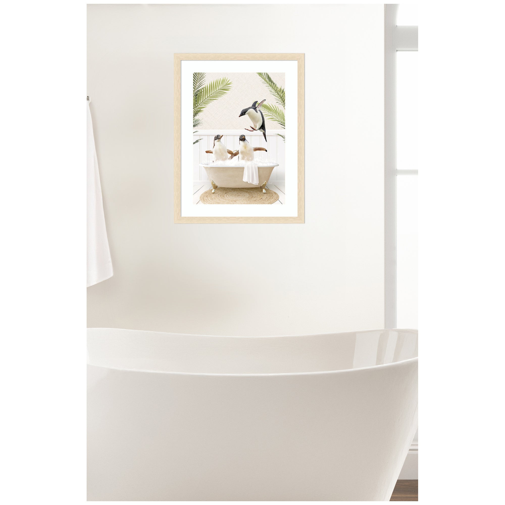 Penguins in Palms Bath by Amy Peterson Framed Wall Art Print