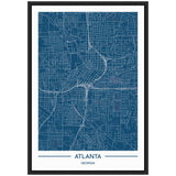 Framed blue and white street map of Atlanta, Georgia, showing detailed grid and road network with a white border and black frame.