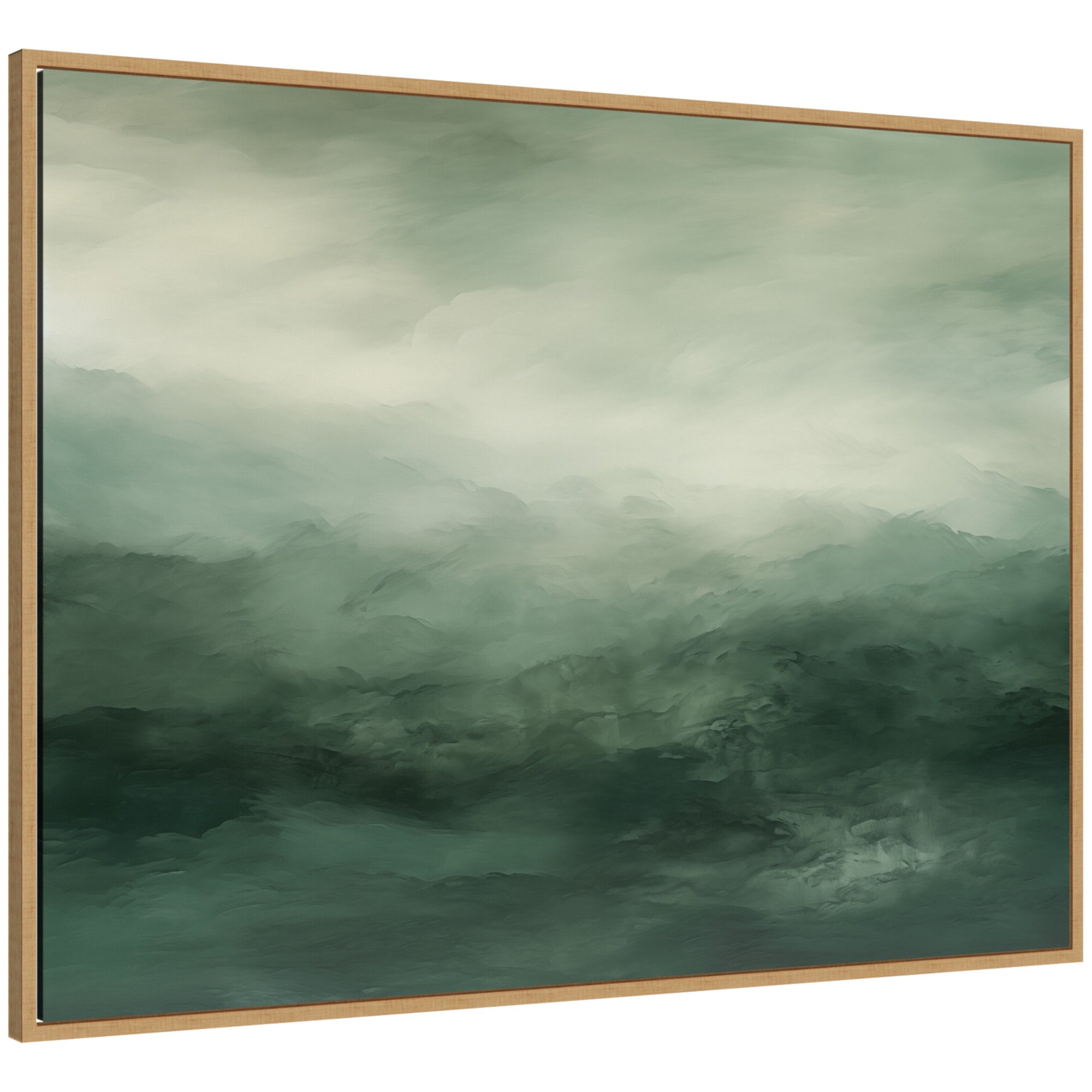 Framed canvas wall art with tonal abstract landscape in comforting sage, emerald, and forest green by The Creative Bunch Studio