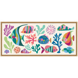Colorful stylized tropical fish and coral shapes in pink, blue, green, and purple hues arranged evenly inside a rectangular wooden frame.