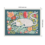 Illustration of a white cat with leopard-like spots sleeping among colorful flowers and green leaves on a muted blue-gray background, framed with a white beaded edge.