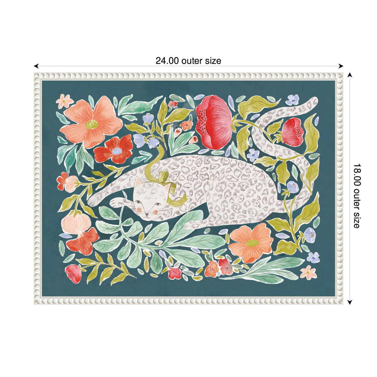 Illustration of a white cat with leopard-like spots sleeping among colorful flowers and green leaves on a muted blue-gray background, framed with a white beaded edge.