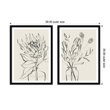 Two framed minimalist black line sketches of protea flowers in vases on beige backgrounds, arranged side by side with black frames measuring 39 by 25 inches collectively.