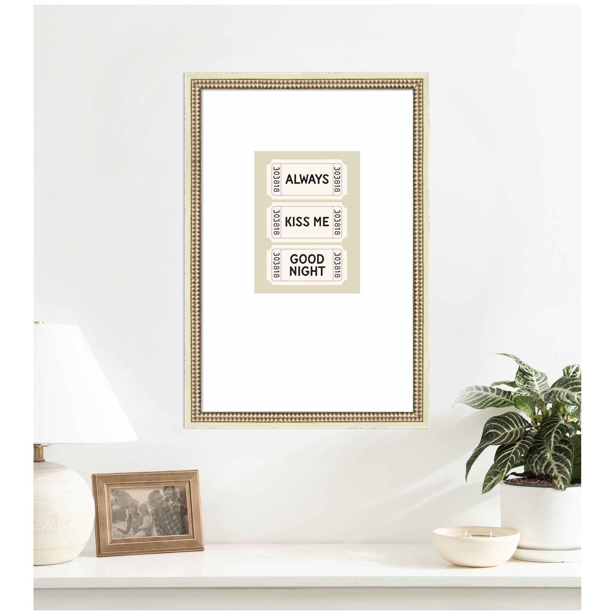 Above Bed Decor, Always Kiss Me Goodnight Ticket Print, Sage Green Wall Art Retro Poster by Lucky Guava Framed Wall Art Print