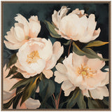 Painterly floral canvas with four large white peony-like flowers and green leaves against a deep dark greenish-black background framed in ornate gold.