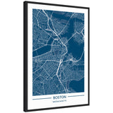 Framed canvas featuring a blue and gray map of Boston titled 'Sylvie Boston Map Regal Blue' by Jake Goossen