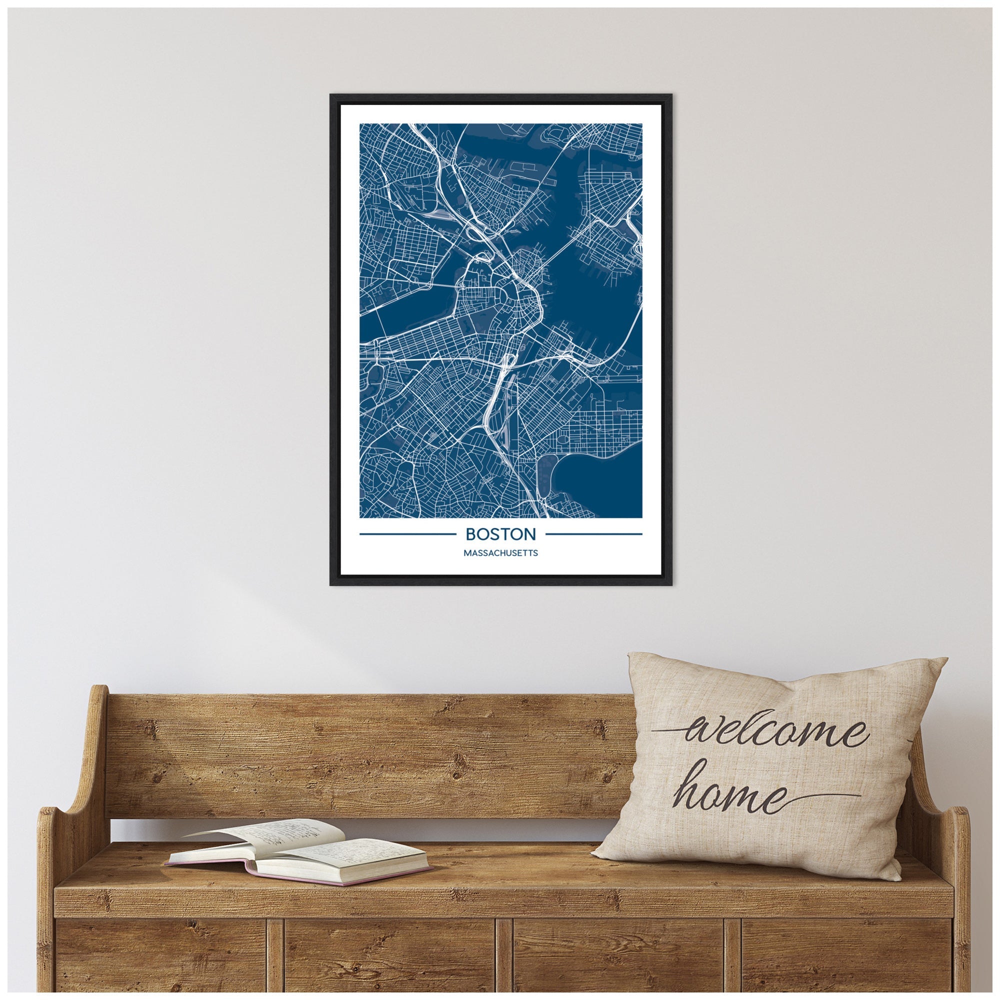 Sylvie Boston Map Regal Blue Framed Canvas by Jake Goossen
