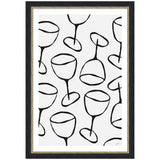 Minimalist black line drawings of various wine glasses on a white background, framed in a black frame with a decorative gold inner edge.