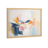 Abstract painting with bold brushstrokes of navy blue, pink, orange, and light blue blending softly on white background, framed in light wood.