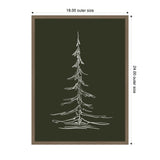 Minimalist white line sketch of an evergreen tree on dark green canvas, framed in a simple light brown wood frame, sized 18 by 24 inches outer dimensions.
