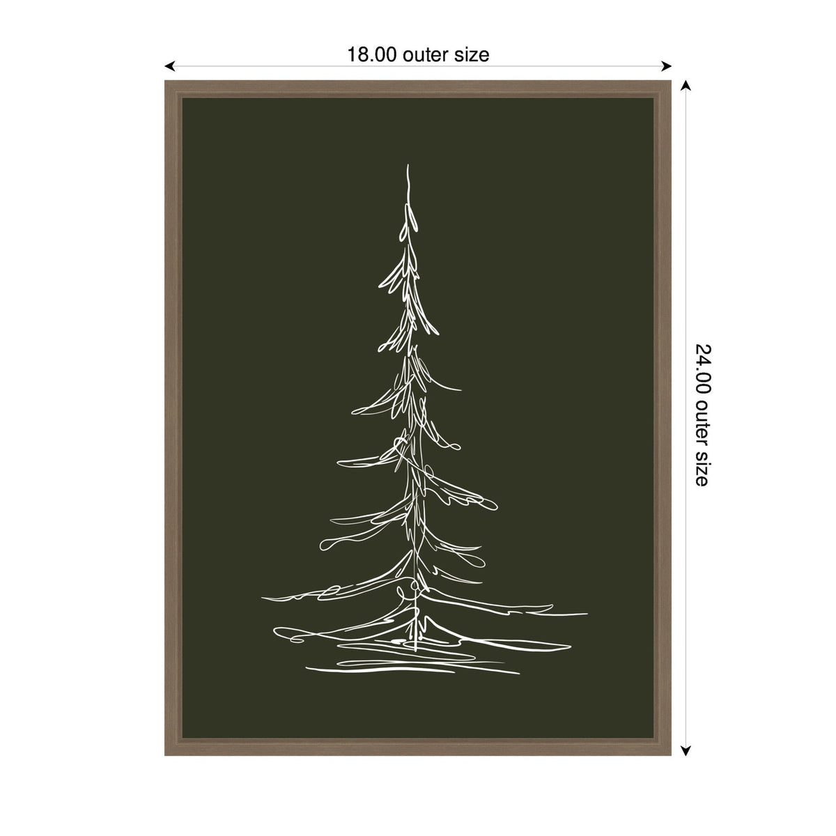 Minimalist white line sketch of an evergreen tree on dark green canvas, framed in a simple light brown wood frame, sized 18 by 24 inches outer dimensions.