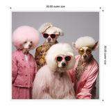 Portrait of four dogs dressed in pink and floral vintage-style outfits, each wearing sunglasses and distinct wigs or fur styles against a gray background.