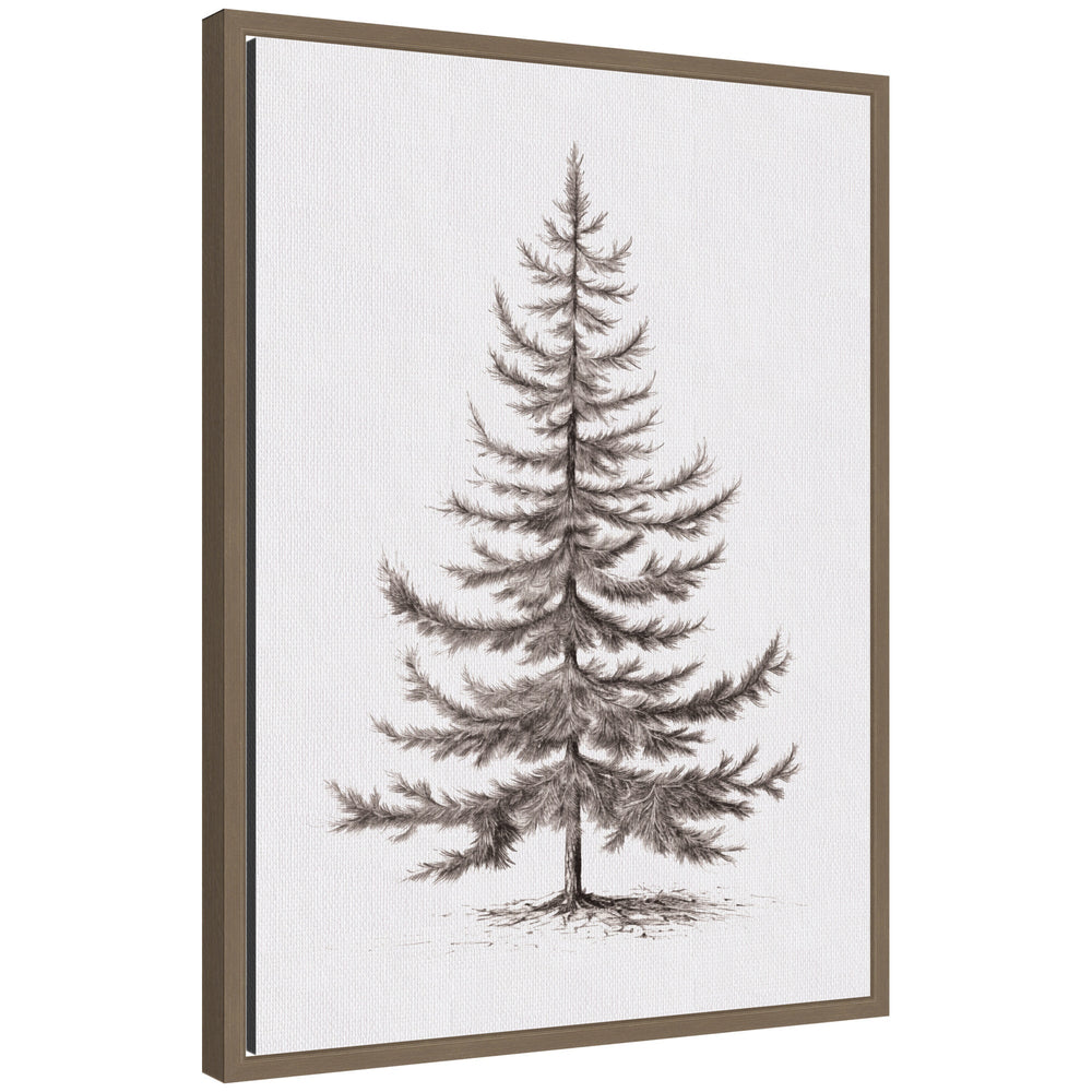 Framed canvas art showing monochrome sketch of vintage evergreen fir tree, detailed branches and needles