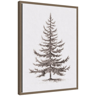 Framed canvas art showing monochrome sketch of vintage evergreen fir tree, detailed branches and needles