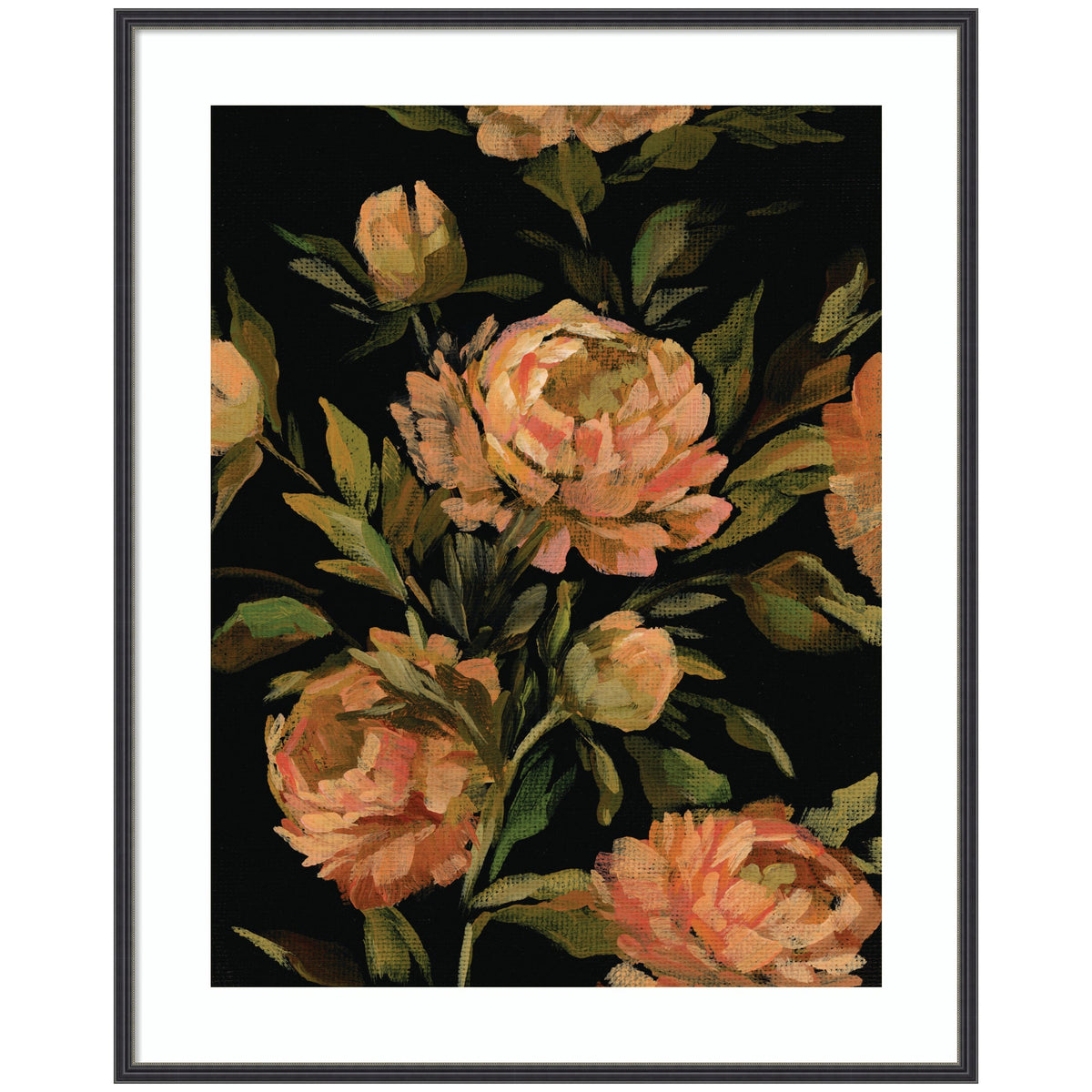 Framed floral art featuring peach and cream blossoms with green leaves against a black background, evoking a moody, vintage botanical style.