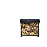 Woodhaven 3 ft Firewood Rack with seasoning cover in black finish holding stacked firewood