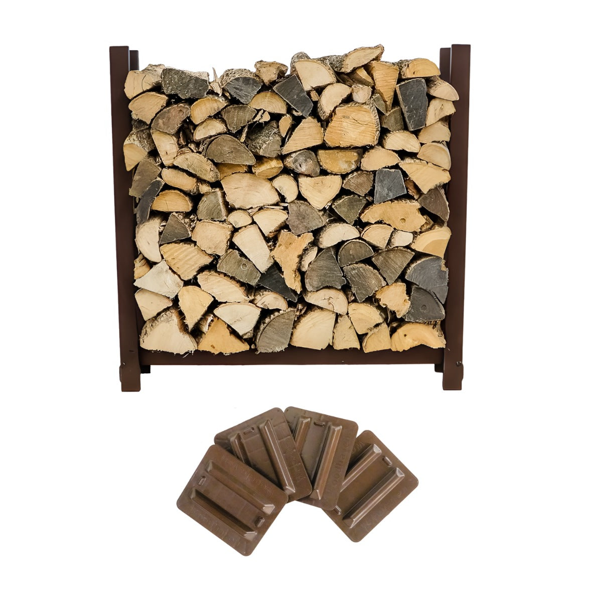 Woodhaven 3 ft Firewood Rack with seasoning cover in black finish holding stacked firewood