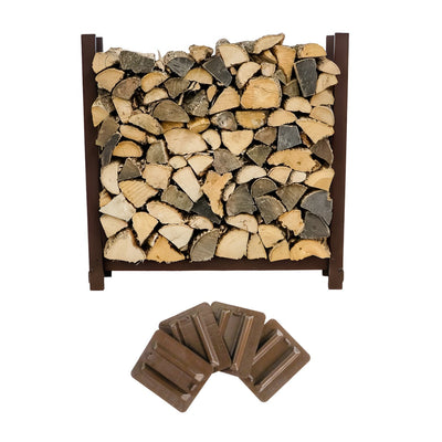 Woodhaven 3 ft Firewood Rack with seasoning cover in black finish holding stacked firewood