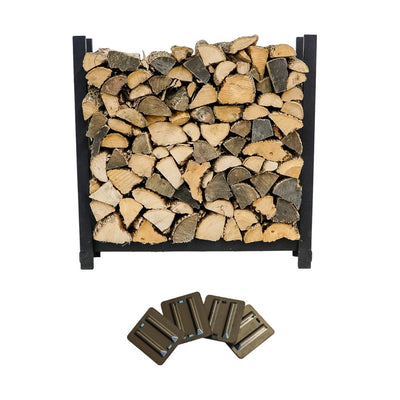 Woodhaven 3 ft Firewood Rack with seasoning cover in black finish holding stacked firewood