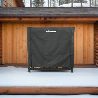 Woodhaven Full Firewood Rack Cover with zipper closure protecting stacked firewood outdoors