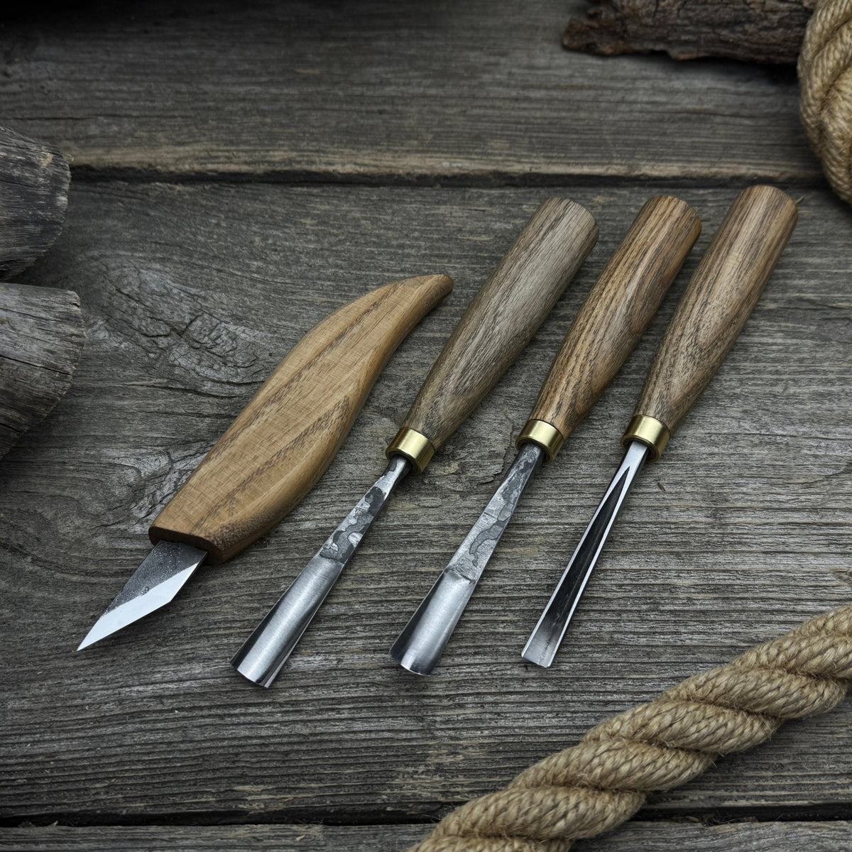 4-Piece Carving Knife, Chisel & Gouge Set with ash wood handles and forged steel blades