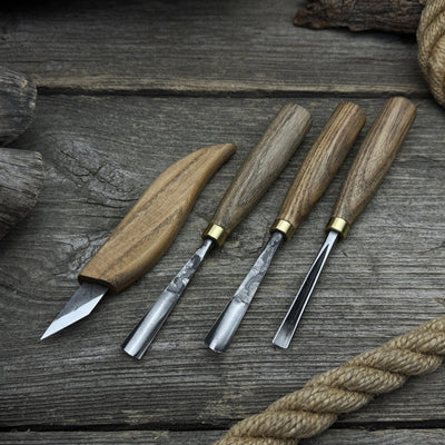 4-Piece Carving Knife, Chisel & Gouge Set with ash wood handles and forged steel blades