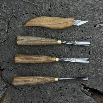 4-Piece Carving Knife, Chisel & Gouge Set with ash wood handles and forged steel blades